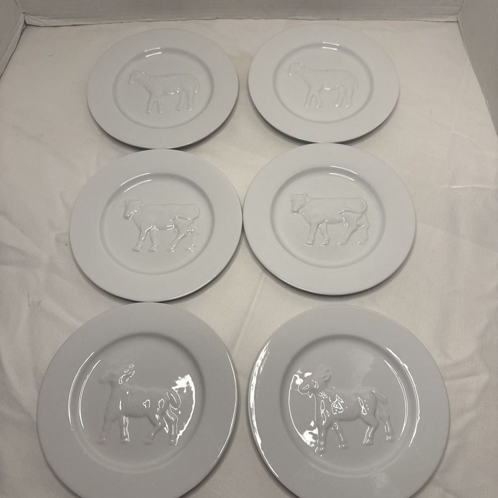 6 Bonjour Raised Farm Animal Plates Cow Sheep Goat 7" Fromage Cheese Cottage